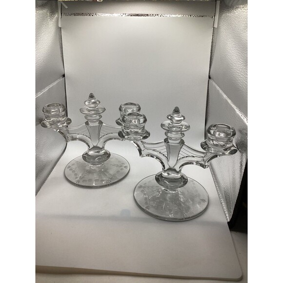 Set of 2 Vintage Heisey? Art deco MCM Trident Candle Holder Glass - Picture 1 of 3